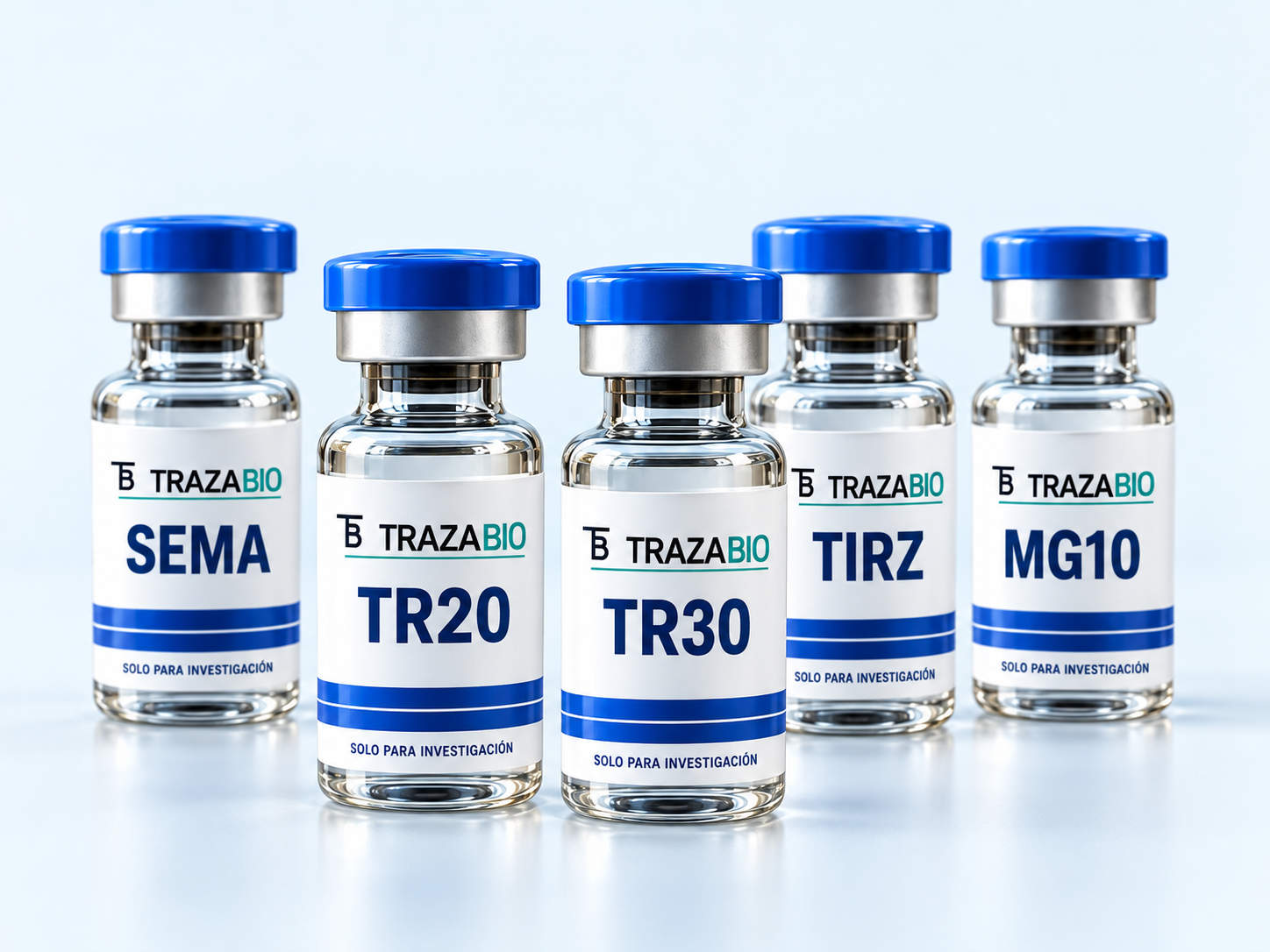 Visualización de cinco viales TRAZABIO con tapas azules: TR20, TR30, MG10, TIRZ y SEMA.